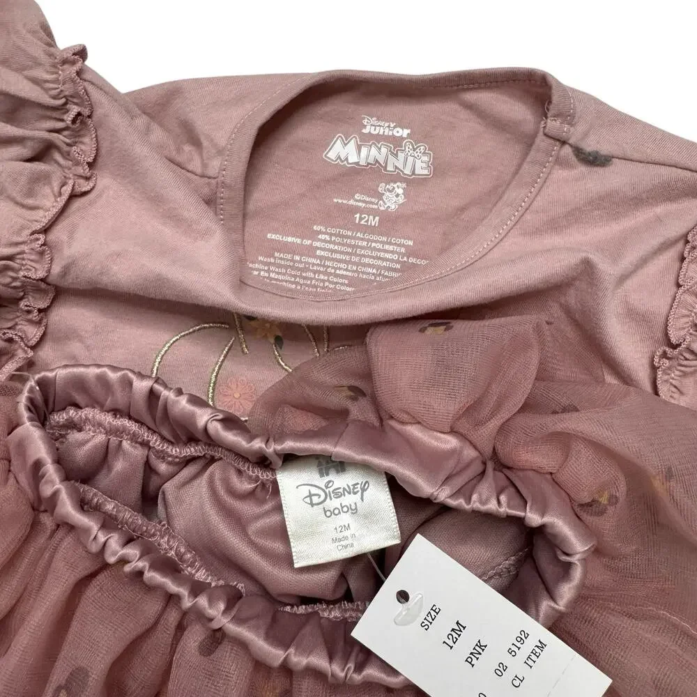 DISNEY *NEW* Minnie Pink Gold Outfit Size 12 Months Tule Skirt Top Cotton Blend